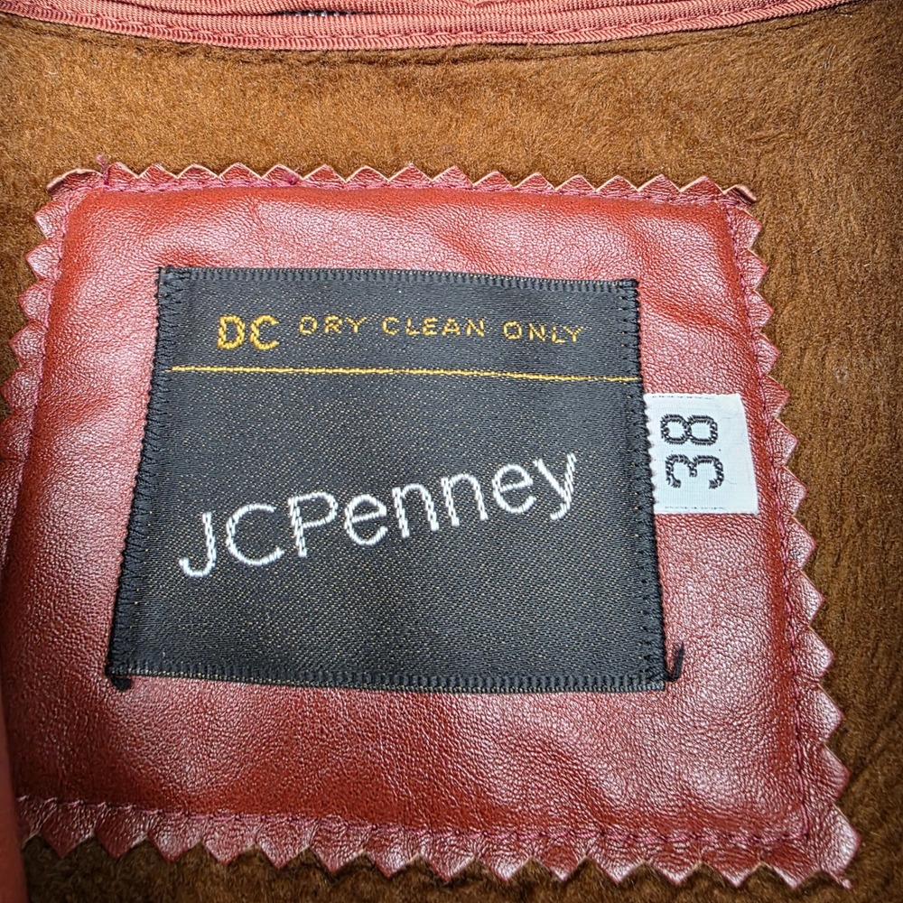 Vintage JCPenney Mens 38 Leather Car Coat Cognac Brown 70s Zip Out Liner Jacket - Picture 3 of 9